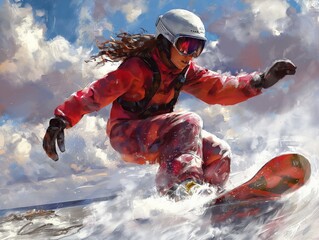 A woman in a red coat is snowboarding down a hill. The image has a lively and energetic mood, as the woman is in motion and he is enjoying herself - obrazy, fototapety, plakaty