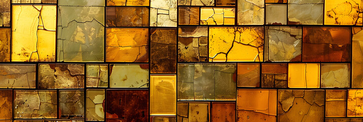 A close up of a golden mosaic wall showcasing intricate patterns of brown, amber, and yellow rectangles resembling a work of art in a building interior - obrazy, fototapety, plakaty