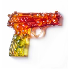 Pistol toy figure made of sweet gelatin, edible sculpture, isolated on white background