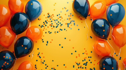 Bunch of blue and orange balloons with dynamic flying confetti on a yellow background