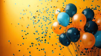 A festive bunch of balloons surrounded by a flurry of confetti adds to the cheerful atmosphere on a yellow background