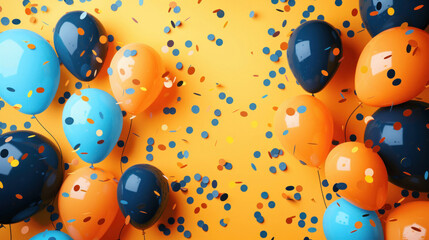 An eye-catching display of balloons in blue and orange hues with speckles of confetti on a bright yellow background