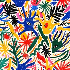 Seamless Matisse artist inspired style pattern, bright colors, detailed art
