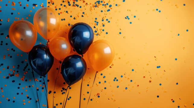 A mix of transparent, orange, and blue balloons surrounded by confetti against a blue and yellow gradient