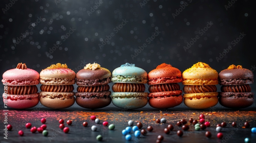 Poster close up of assorted macarons with varied toppings