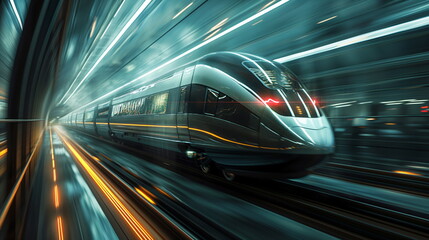 High-speed train speeds powerfully through a tunnel with bright light streaks, rail, technology...