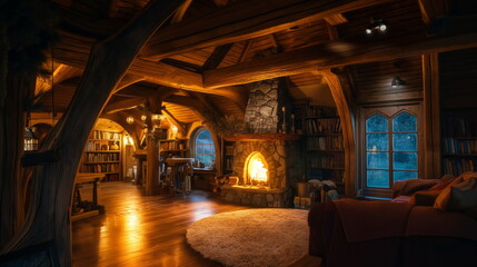 Fototapeta na wymiar Hobbit house with classic wood interior with fireplace indoor look outside