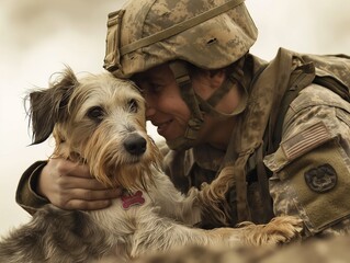 A soldier is hugging a dog with a red tag on its collar. The dog is wearing a harness and the soldier is wearing a helmet
