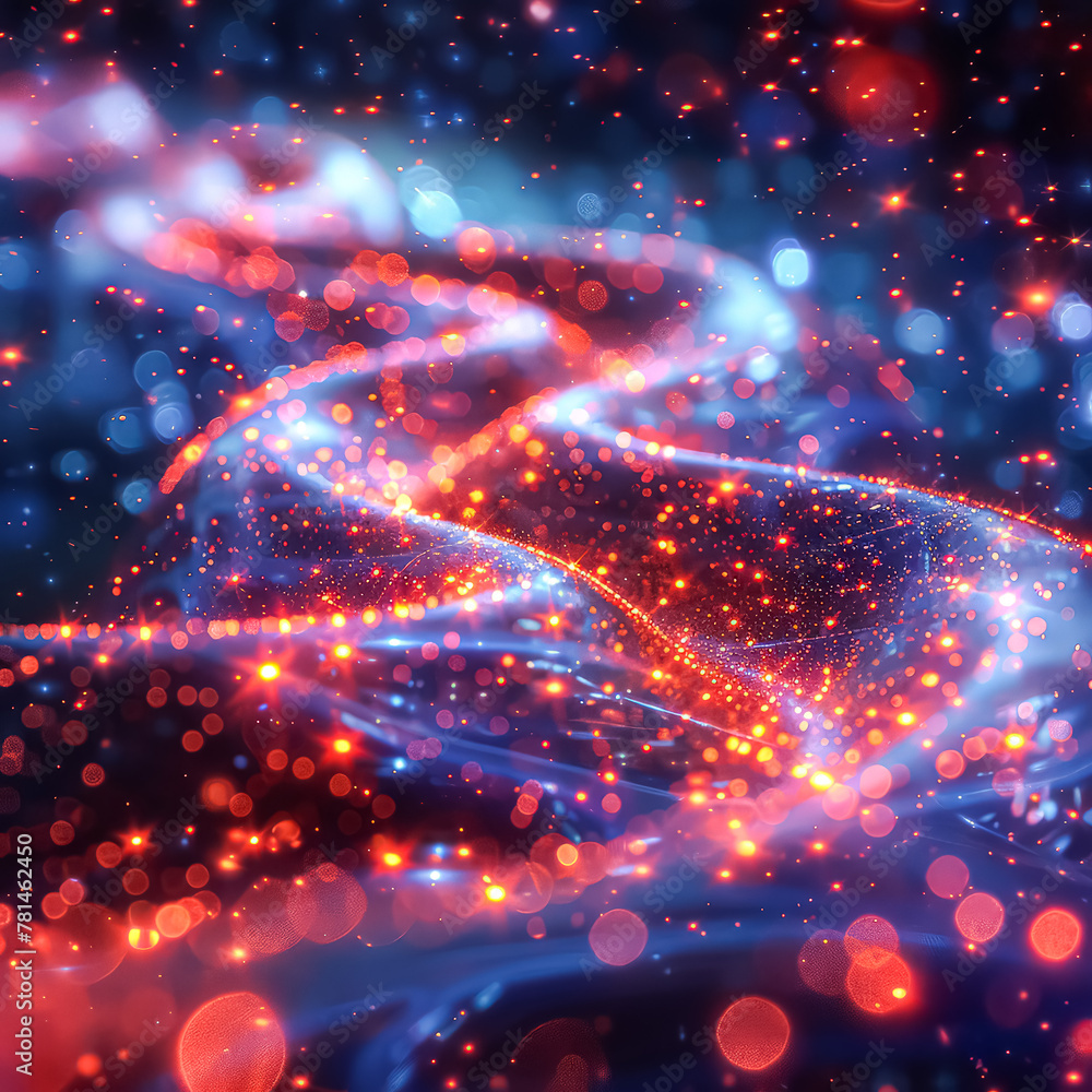 Poster the image is a computer generated image of a glowing blue and orange wave. the waves are made up of 