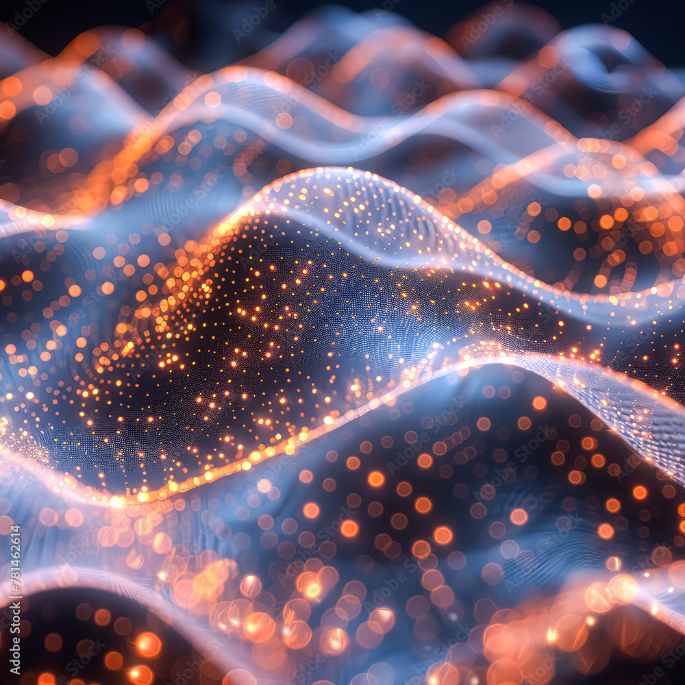 Poster the image is a computer generated image of a glowing blue and orange wave. the waves are made up of 
