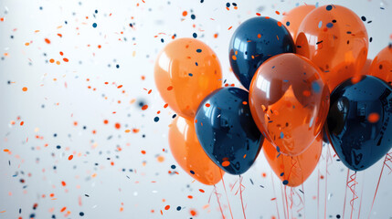 A captivating array of blue and orange balloons with a gentle rain of confetti, evoking celebration