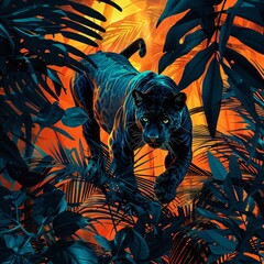 Panther prowling in the twilight its coat a contrast to the vibrant jungle leaves all in a timeless vintage wallpaper aesthetic