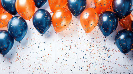 Exciting image of blue and orange balloons in a festive atmosphere with a shower of confetti