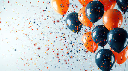 This image showcases a festive bunch of black and orange balloons amidst a shower of colorful confetti against a white backdrop