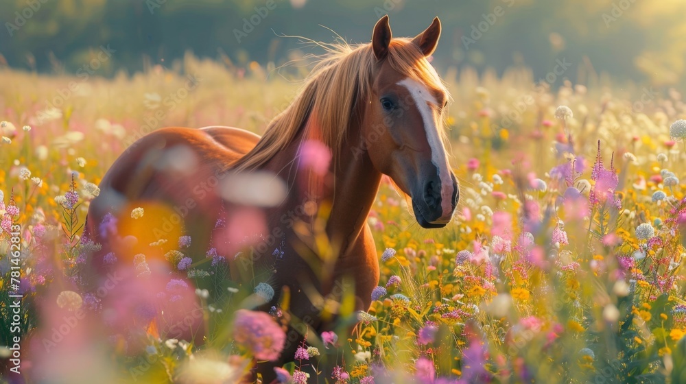 Poster A horse standing amidst a meadow of blossoms