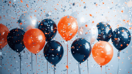 A soft focus on a bunch of black and orange balloons floating amidst a blissful haze of falling confetti