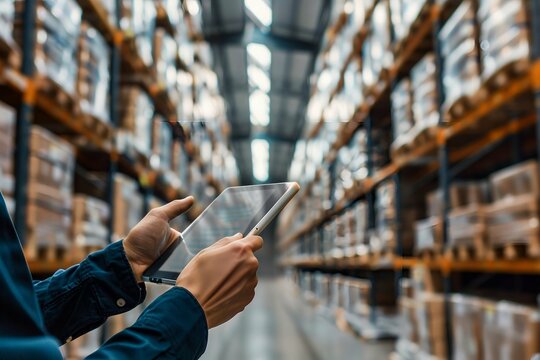 Smart Warehouse management innovative software in computer for real time monitoring of goods package delivery . Computer screen showing smart inventory dashboard for storage and supply distribution .