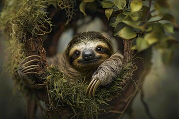 Fototapeta premium Sloths slow journey among ancient branches surrounded by a tapestry of green infused with nostalgia