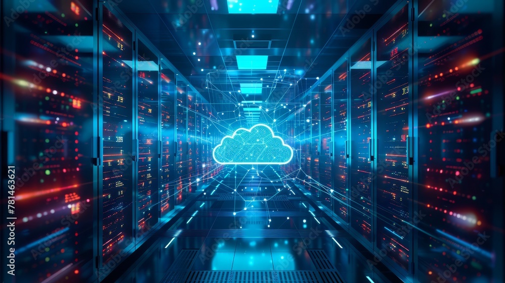 Poster a cloud infrastructure setup displaying storage solutions, with data being stored and retrieved