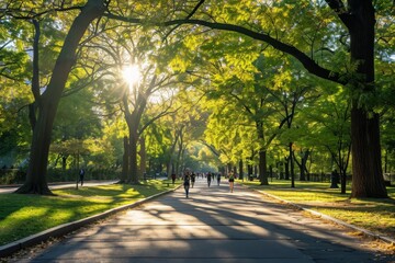 Naklejka premium The sunrays penetrate the gaps in the foliage as they illuminate the park filled with trees, A sunny day in a serene park filled with people jogging, AI Generated