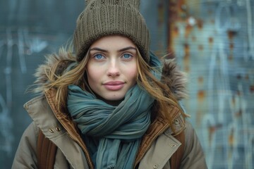 A striking portrait of a young woman with deep blue eyes, bundled up for winter in an urban setting
