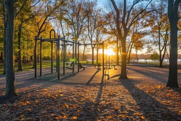 This photo depicts a park with a swing set surrounded by trees in a serene outdoor setting, A sunset view on a open-air gym at a park, AI Generated