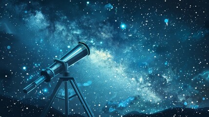 Astronomy: A 3D vector illustration of a telescope pointing towards a starry sky