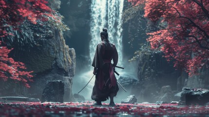 Samurai warrior observing waterfall in autumnal forest. Cinematic shot with red foliage
