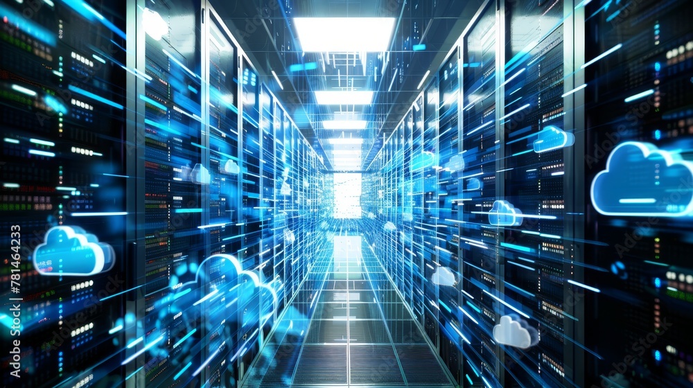 Poster cloud applications: a server room showcasing web services, with a focus on scalability