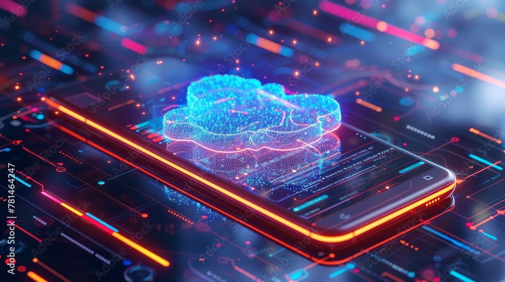 Poster cloud applications: a smartphone showing a saas solution, with a user accessing it on the go