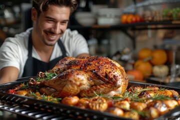 A happy male chef presents a perfectly roasted turkey, showing professional pride in culinary achievement