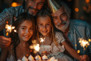 A family with multiple generations celebrates a birthday with sparklers and smiles, reflecting joy and unity