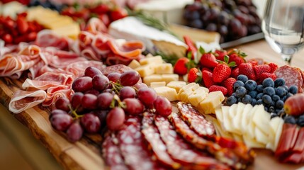 Elegant charcuterie and cheese board with fruits and nuts. Event catering photography with copy space