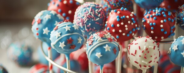 Patriotic themed cake pops decorated with stars and stripes in red, white, and blue.