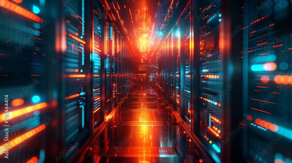 Poster cloud computing: a futuristic data center with rows of servers and high-tech equipment