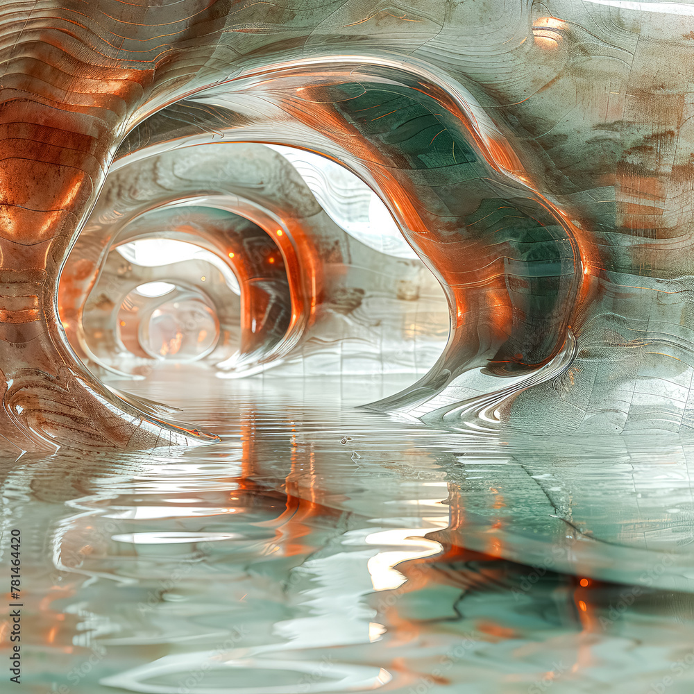Poster a tunnel with water running through it. the tunnel is made of metal and has a shiny, reflective surf