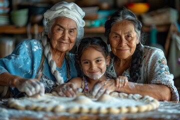 Heartwarming scene of three generations of women baking, showing family love and traditional values - obrazy, fototapety, plakaty