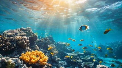 Fototapeta na wymiar Sunlight Beaming Onto Coral Reef With Tropical Fish