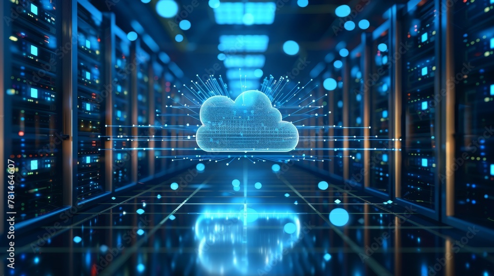 Poster cloud computing with servers in a data center, illustrating the concept of cloud infrastructure