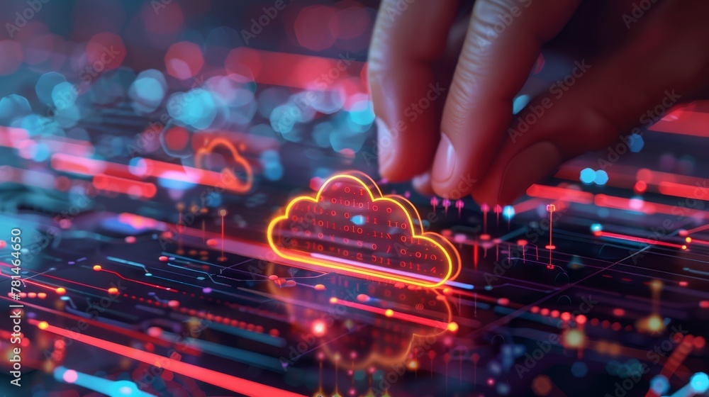 Poster cloud infrastructure demonstrating network capabilities, with data packets being transmitted