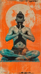 Serene yoga pose on urban art background: meditative man in lotus yoga pose on an orange, graffiti-style modernist backdrop. Spirituality and mindfulness concept