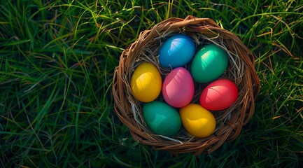 Fototapeta na wymiar Easter eggs in a basket on green grass, top view. A colorful expanse of speckled and patterned eggs in a wicker basket on the grass background, top view. A banner with colorful speckled eggs