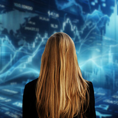 blond woman in front of stock markets indicators