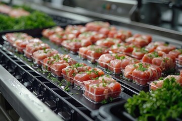 A conveyor belt presents rows of salmon rolls dusted with herbs for efficient food industry packaging