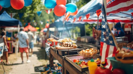 Outdoor food stalls with balloons and American flag decorations - obrazy, fototapety, plakaty