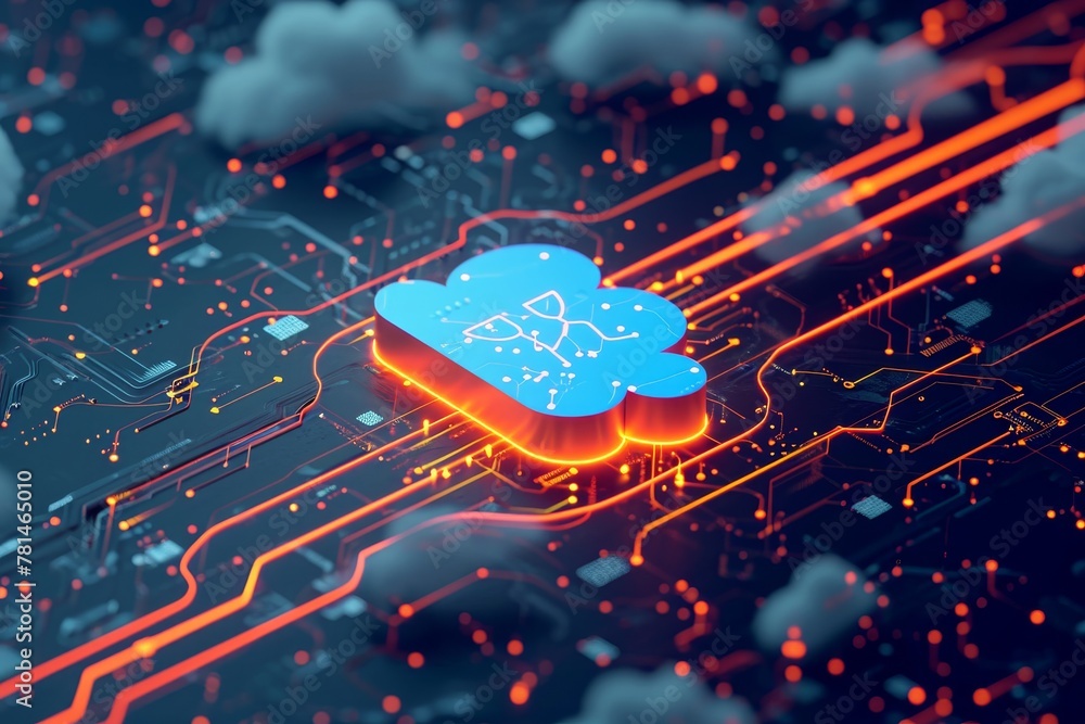 Poster a cloud-shaped graphic is presented on a computer chip, with additional clouds in the background, a 