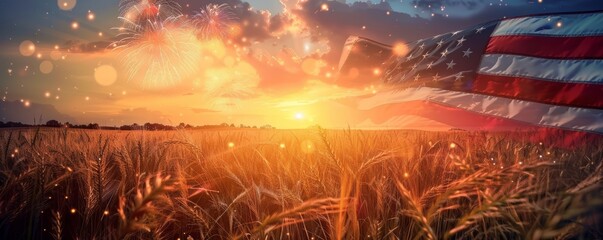 American flag over wheat field at sunset with fireworks in the sky. Patriotic agricultural landscape with celebration theme - obrazy, fototapety, plakaty
