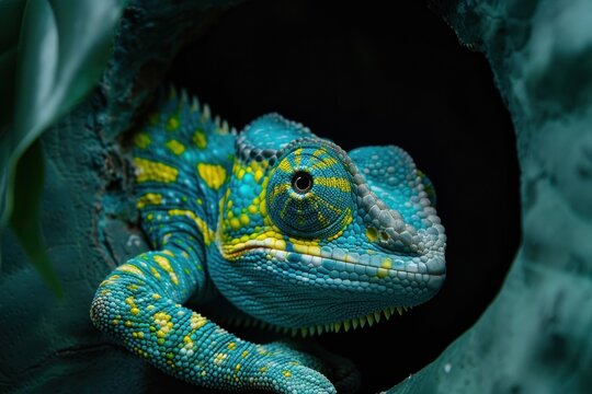 A close-up shot of a vivid chameleon amidst lush green leaves, showcasing its unique ability to blend with its environment