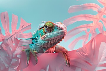 A captivating image of a chameleon against a pastel colored paper foliage, resulting in a serene yet striking visual effect