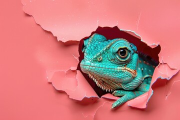 An eye-catching image of a bright turquoise chameleon peeking through a torn paper hole, providing a playful and creative perspective